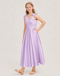 Lilac Junior Bridesmaid Dress  Sleeveless V-Back Satin Midi Dress Front View