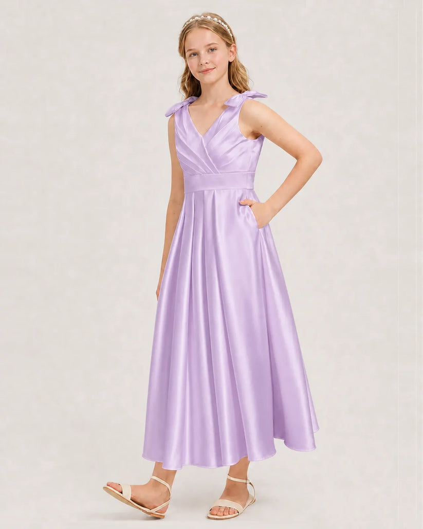 Lilac Satin A-line Junior Bridesmaid Dress Front View