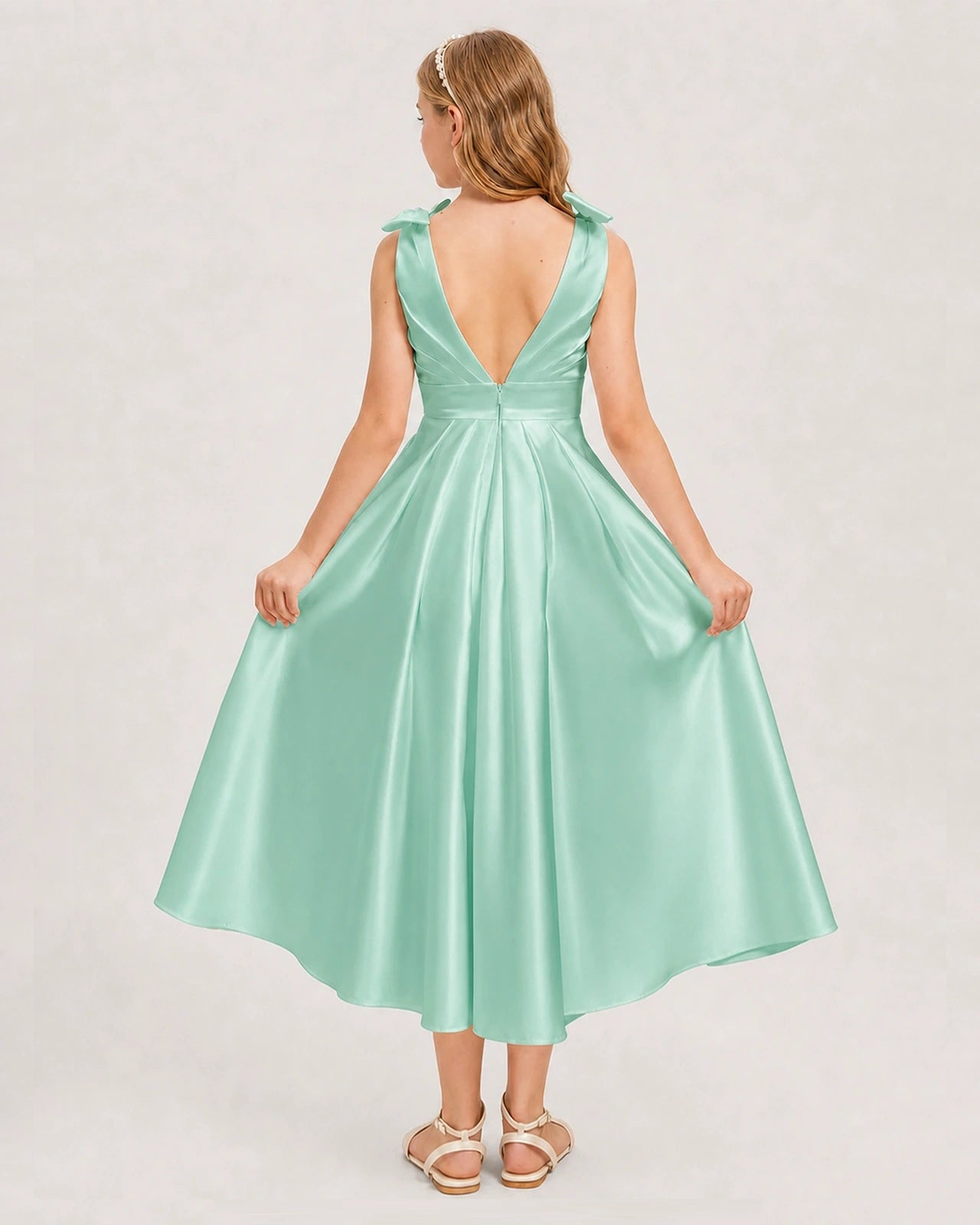 Mint Green Junior Bridesmaid Dress  Sleeveless V-Back Satin Midi Dress Back View