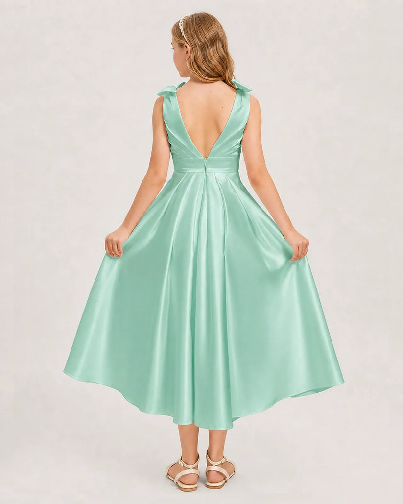 Mint Green Satin A-line Junior Bridesmaid Dress Back View