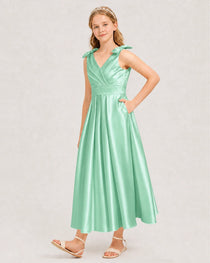 Mint Green Junior Bridesmaid Dress  Sleeveless V-Back Satin Midi Dress Front View