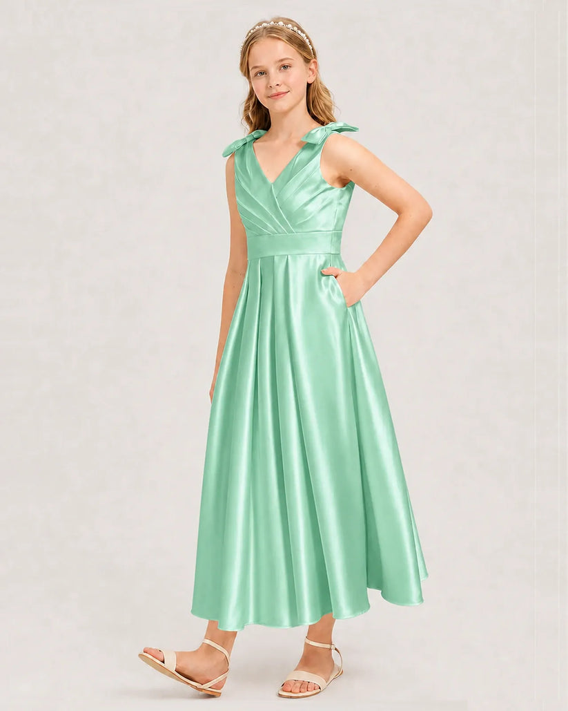Mint Green Satin A-line Junior Bridesmaid Dress Front View