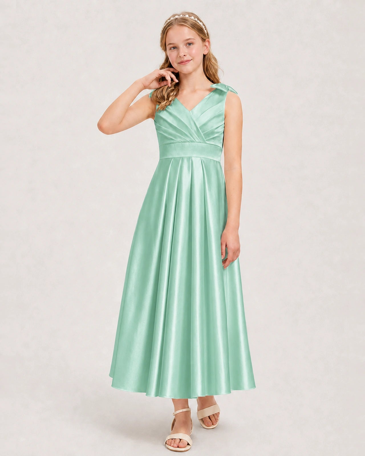 Mint Green Junior Bridesmaid Dress  Sleeveless V-Back Satin Midi Dress Front View