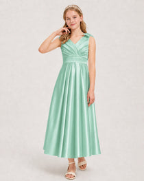 Mint Green Junior Bridesmaid Dress  Sleeveless V-Back Satin Midi Dress Front View