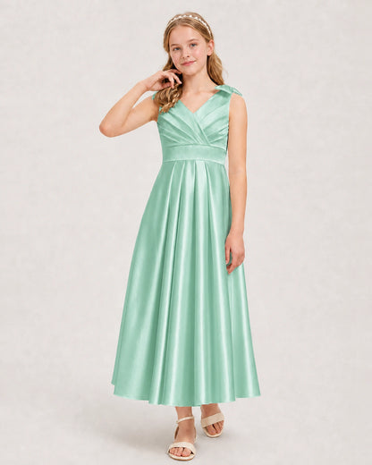 Mint Green Junior Bridesmaid Dress  Sleeveless V-Back Satin Midi Dress Front View