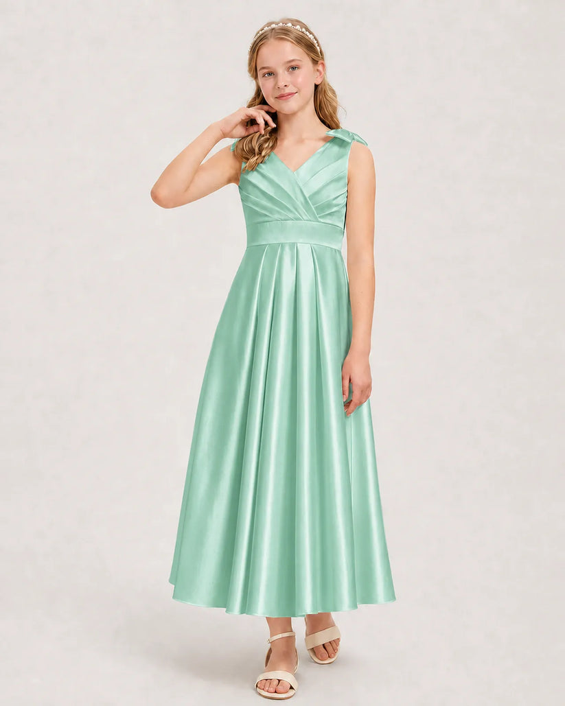 Mint Green Satin A-line Junior Bridesmaid Dress Front View