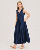 Navy Blue Satin A-line Junior Bridesmaid Dress Front View