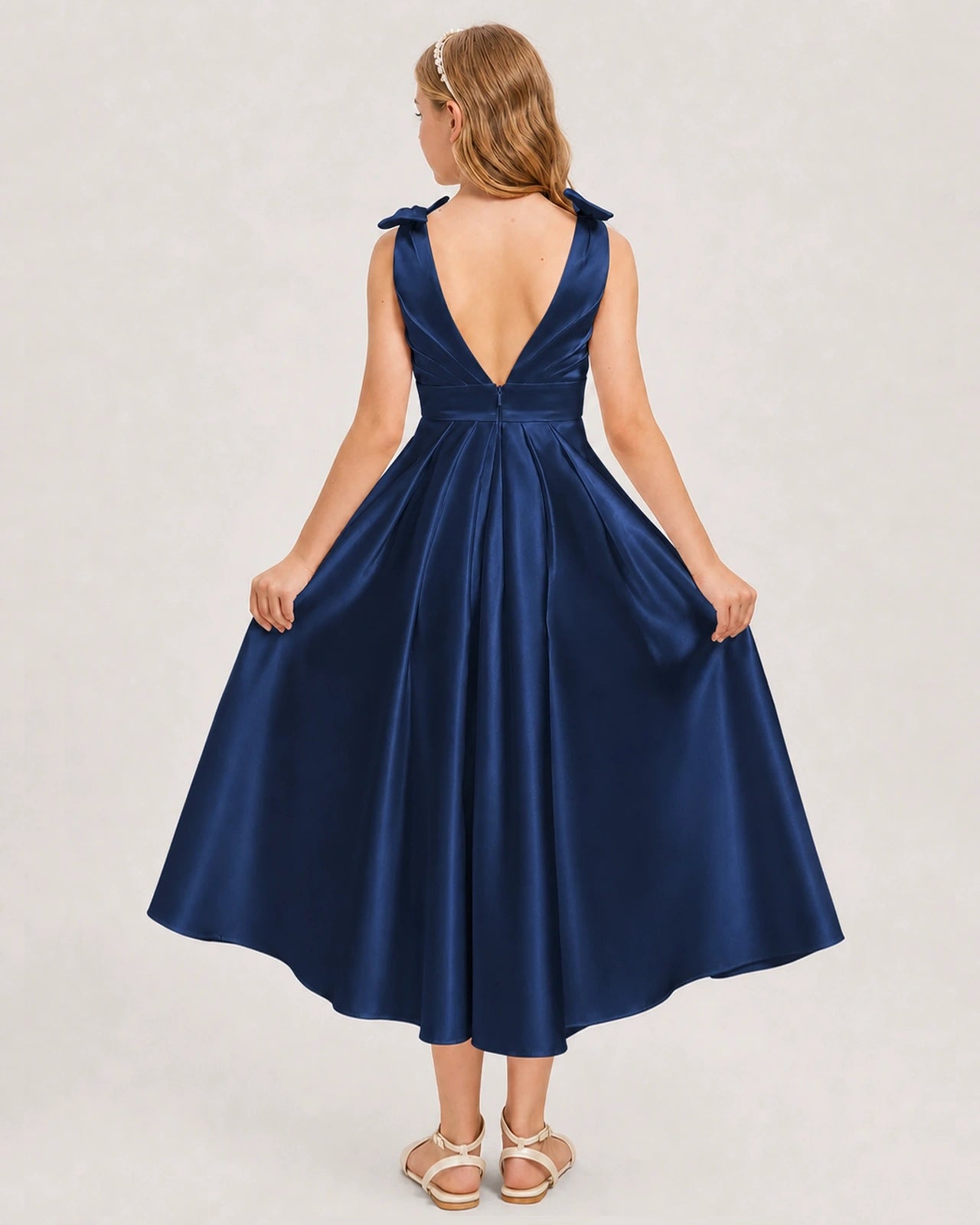 Navy Blue Junior Bridesmaid Dress  Sleeveless V-Back Satin Midi Dress Back View