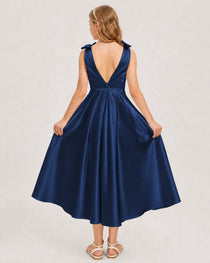 Navy Blue Junior Bridesmaid Dress  Sleeveless V-Back Satin Midi Dress Back View