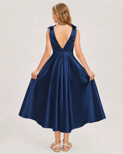 Navy Blue Junior Bridesmaid Dress  Sleeveless V-Back Satin Midi Dress Back View
