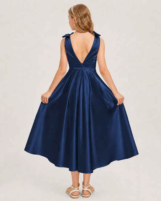 Navy Blue Satin A-line Junior Bridesmaid Dress Back View