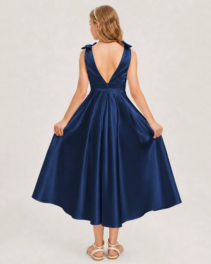 Navy Blue Satin A-line Junior Bridesmaid Dress Back View