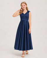 Navy Blue Satin A-line Junior Bridesmaid Dress Front View