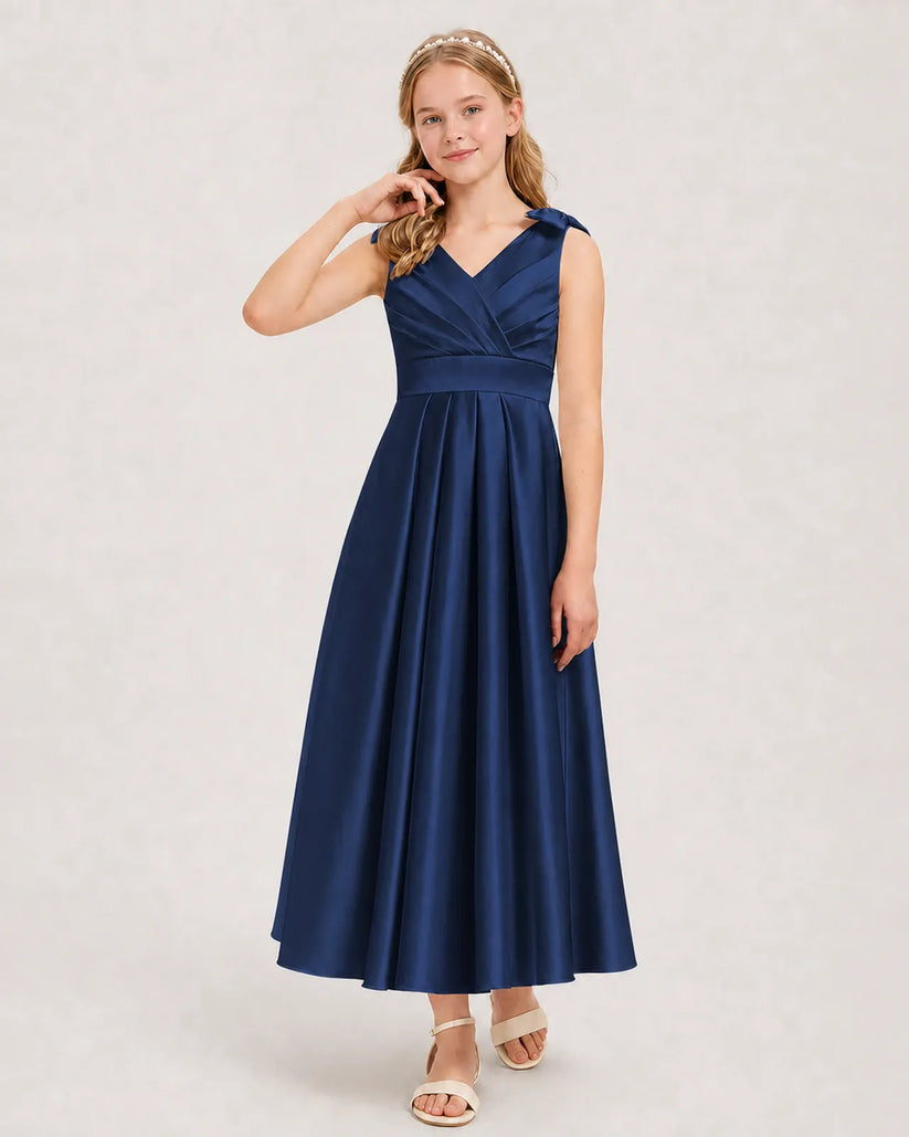 Navy Blue Satin A-line Junior Bridesmaid Dress Front View