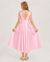 Pink Satin A-line Junior Bridesmaid Dress Back View