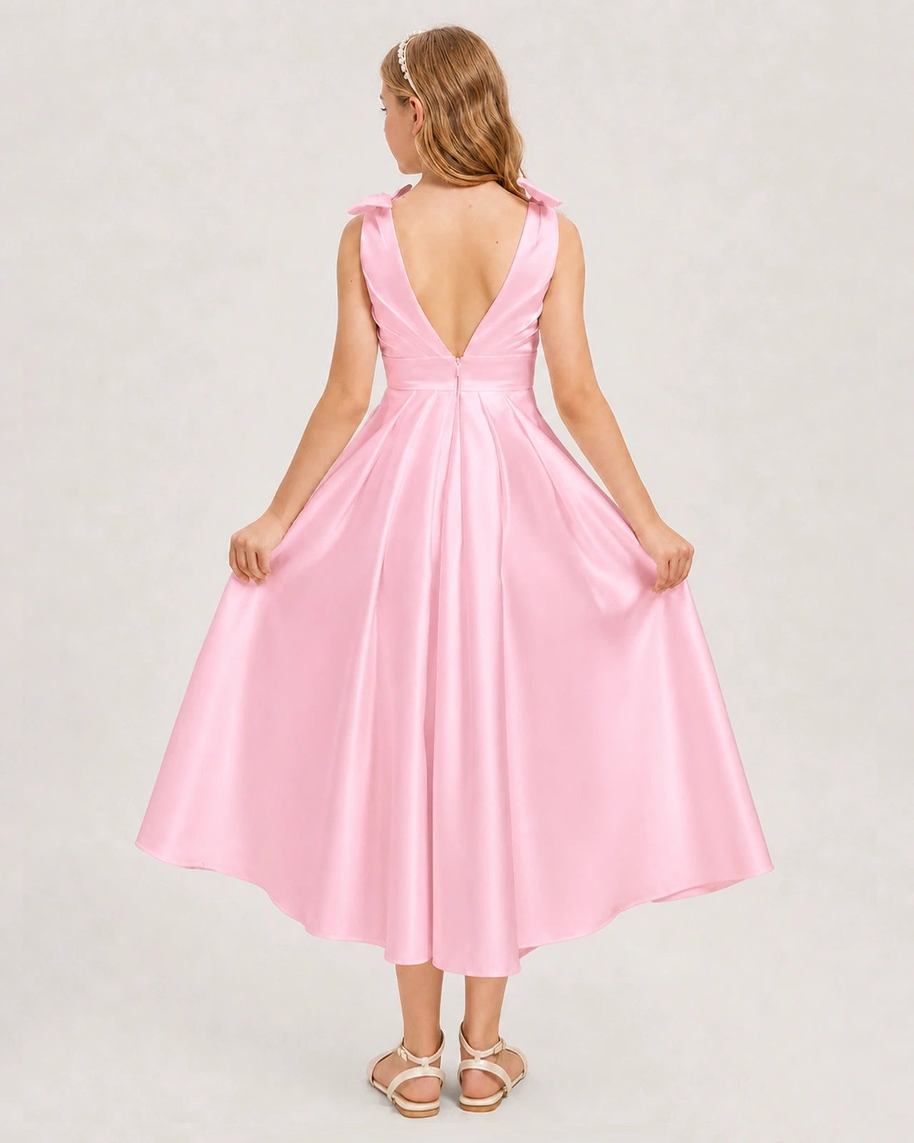 Pink Junior Bridesmaid Dress  Sleeveless V-Back Satin Midi Dress Back View