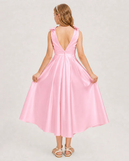 Pink Junior Bridesmaid Dress  Sleeveless V-Back Satin Midi Dress Back View