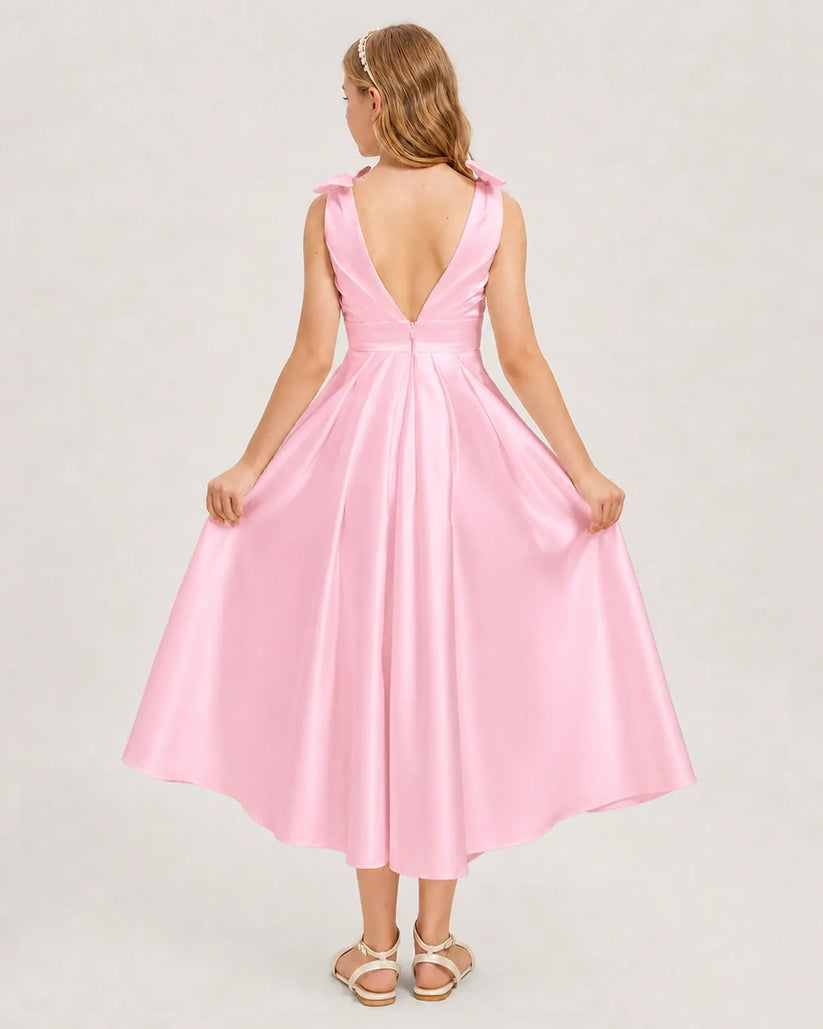 Pink Satin A-line Junior Bridesmaid Dress Back View