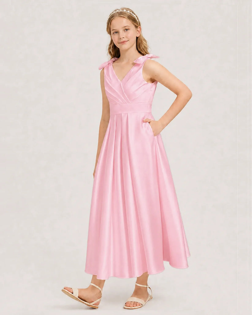 Pink Satin A-line Junior Bridesmaid Dress Front View