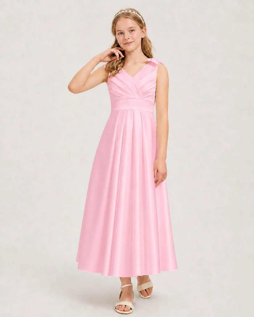 Pink Satin A-line Junior Bridesmaid Dress Front View