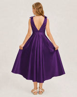 Purple Satin A-line Junior Bridesmaid Dress Back View