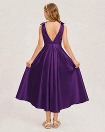 Purple Junior Bridesmaid Dress  Sleeveless V-Back Satin Midi Dress Back View