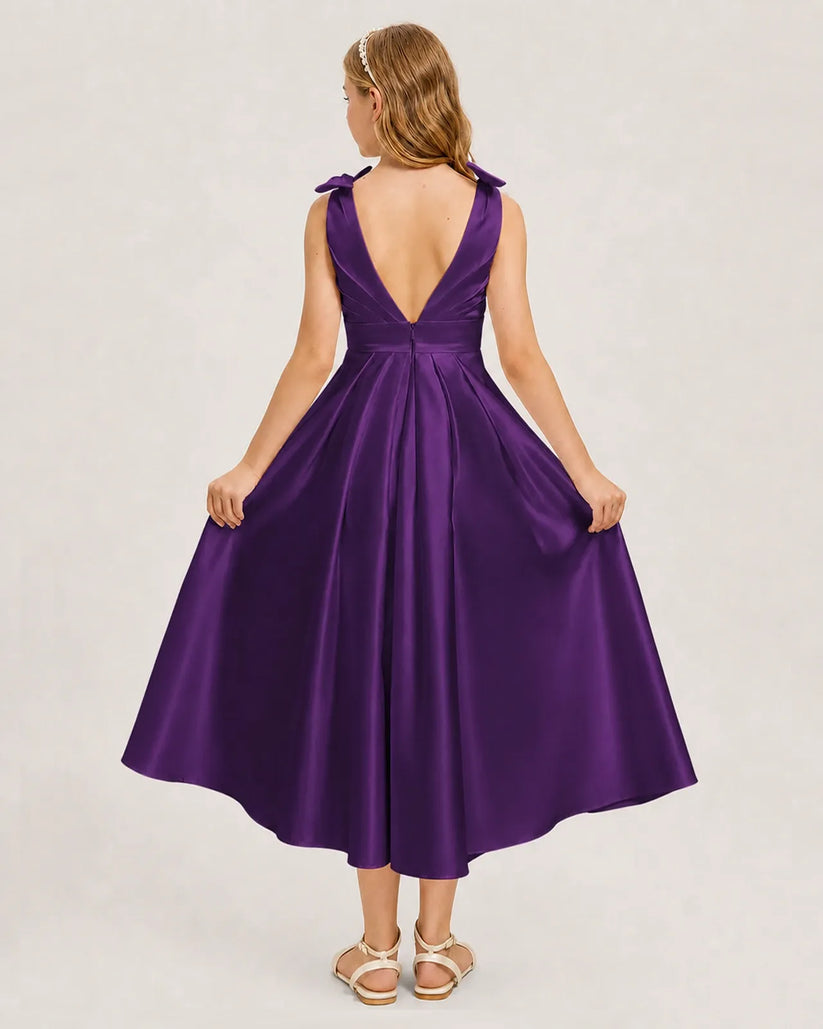 Purple Satin A-line Junior Bridesmaid Dress Back View