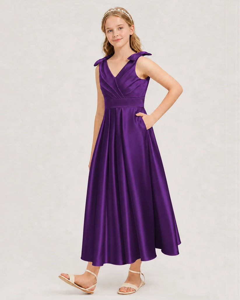 Purple Satin A-line Junior Bridesmaid Dress Front View