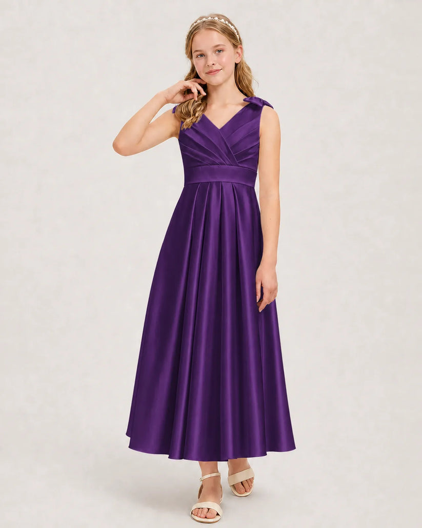 Purple Satin A-line Junior Bridesmaid Dress Front View