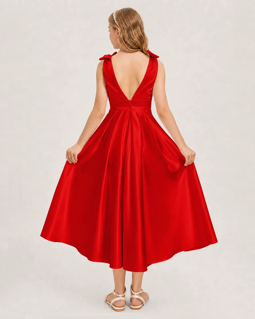 Red Satin A-line Junior Bridesmaid Dress Back View