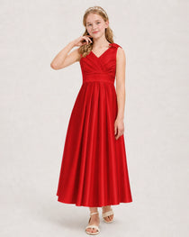 Red Junior Bridesmaid Dress  Sleeveless V-Back Satin Midi Dress Front View