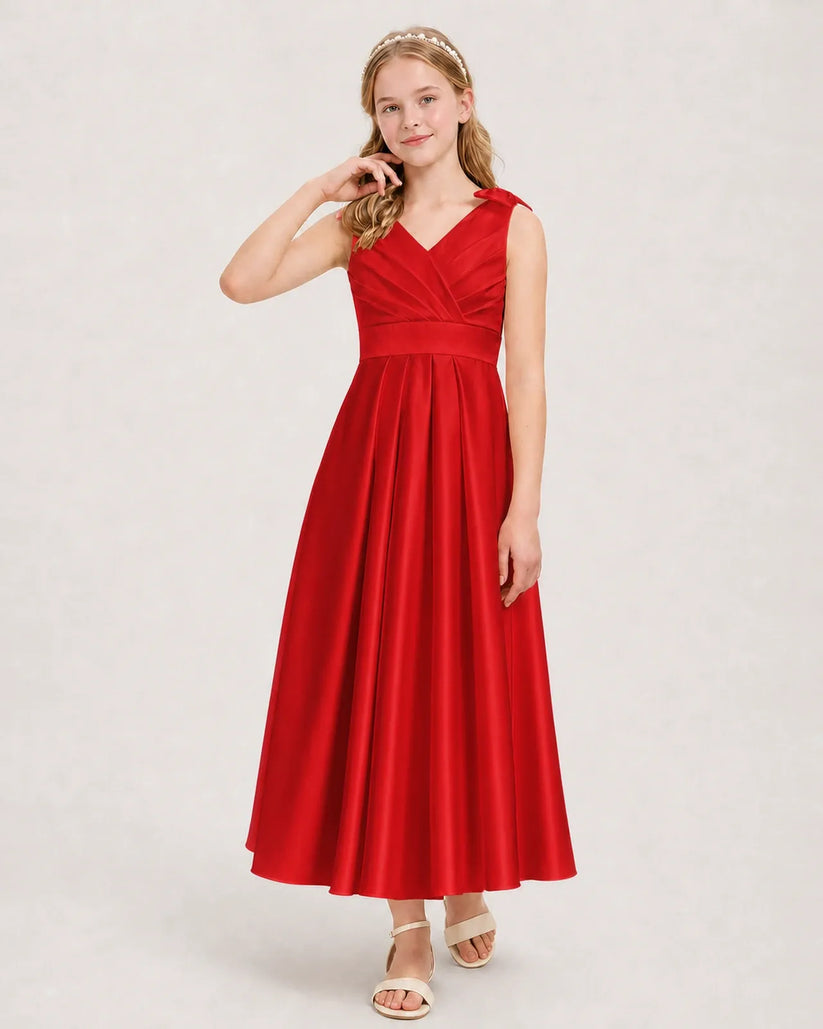 Red Satin A-line Junior Bridesmaid Dress Front View