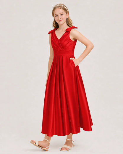 Red Junior Bridesmaid Dress  Sleeveless V-Back Satin Midi Dress Front View