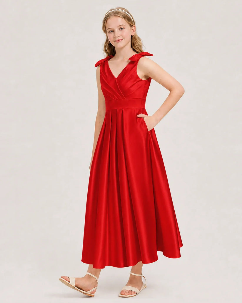 Red Satin A-line Junior Bridesmaid Dress Front View