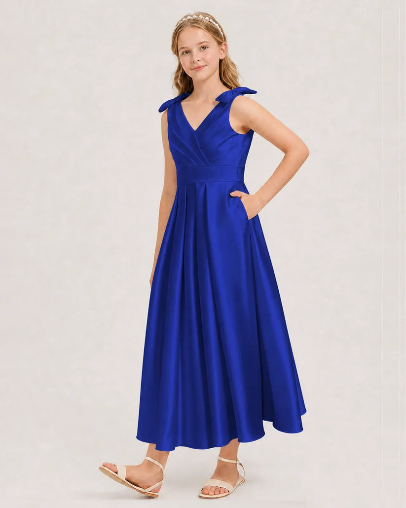 Royal Blue Satin A-line Junior Bridesmaid Dress Front View