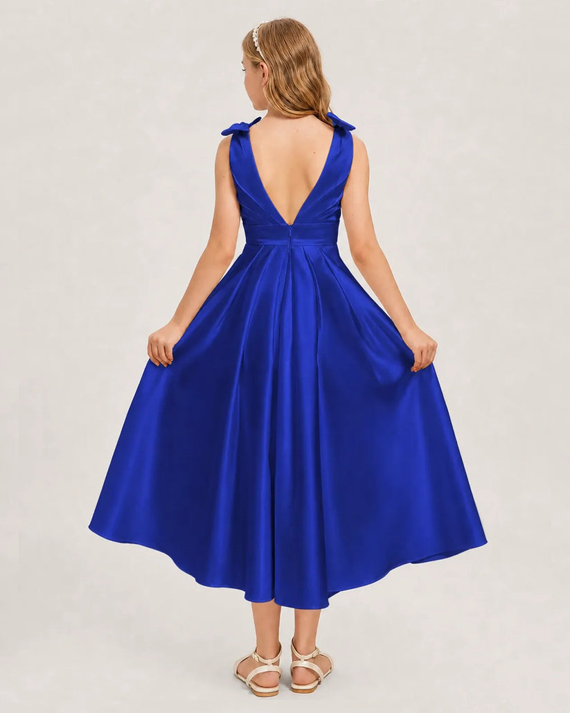 Royal Blue Satin A-line Junior Bridesmaid Dress Back View