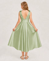 Sage Green Satin A-line Junior Bridesmaid Dress Back View