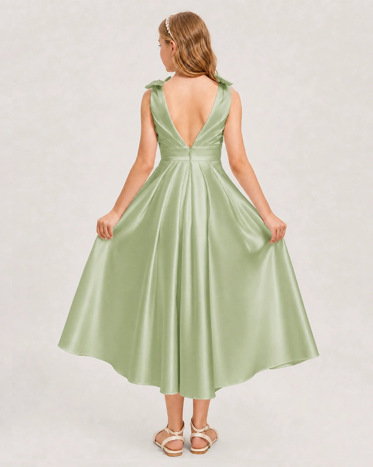 Sage Green Junior Bridesmaid Dress  Sleeveless V-Back Satin Midi Dress Back View