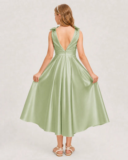 Sage Green Junior Bridesmaid Dress  Sleeveless V-Back Satin Midi Dress Back View