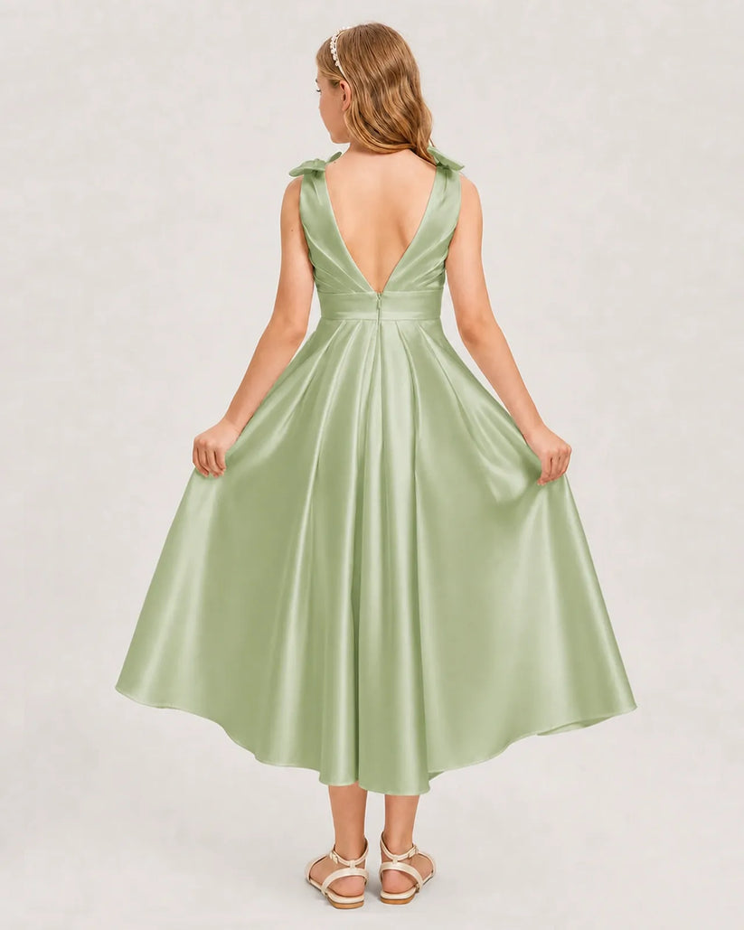Sage Green Satin A-line Junior Bridesmaid Dress Back View