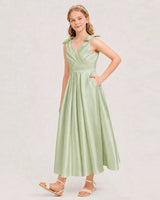 Sage Green Satin A-line Junior Bridesmaid Dress Front View