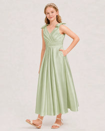 Sage Green Junior Bridesmaid Dress  Sleeveless V-Back Satin Midi Dress Front View