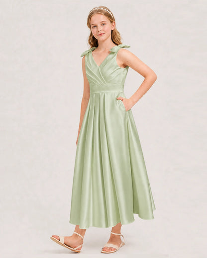Sage Green Junior Bridesmaid Dress  Sleeveless V-Back Satin Midi Dress Front View