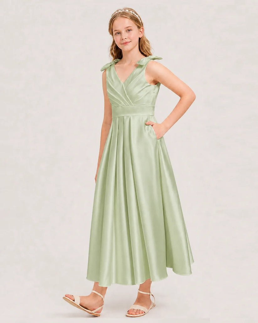 Sage Green Satin A-line Junior Bridesmaid Dress Front View