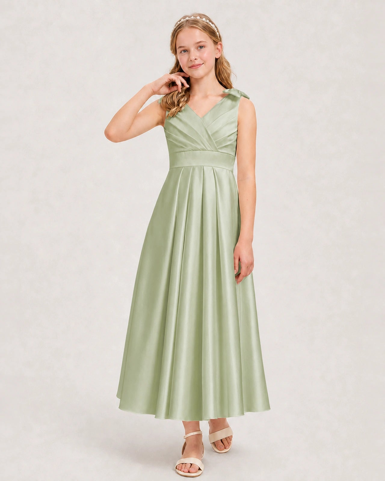 Sage Green Junior Bridesmaid Dress  Sleeveless V-Back Satin Midi Dress Front View