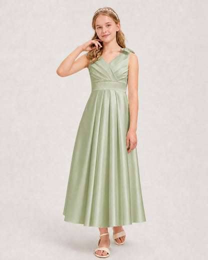 Sage Green Junior Bridesmaid Dress  Sleeveless V-Back Satin Midi Dress Front View