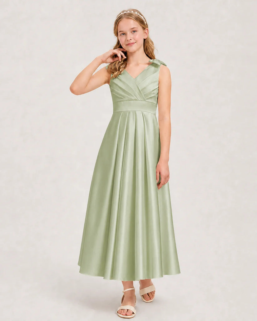 Sage Green Satin A-line Junior Bridesmaid Dress Front View