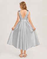 Silver Satin A-line Junior Bridesmaid Dress Back View