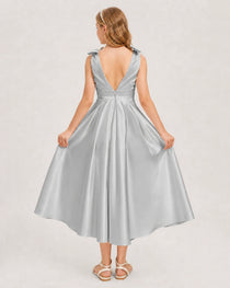 Silver Junior Bridesmaid Dress  Sleeveless V-Back Satin Midi Dress Back View