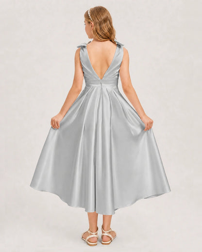 Silver Junior Bridesmaid Dress  Sleeveless V-Back Satin Midi Dress Back View